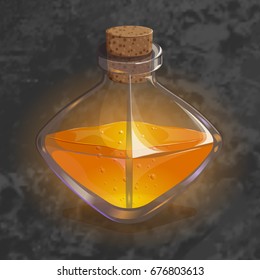 Bottle with potion. Game icon of magic elixir. Bright design for app user interface. Part 2: orange. Speed, strength, luck, stamina, happiness. Vector illustration. Icons Collection.