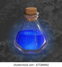 Bottle with potion. Game icon of magic elixir. Bright design for app user interface. Part 3: blue. Magic, mana, intellect, breathing, clarity, flight, sleeping. Vector illustration. Icons Collection.