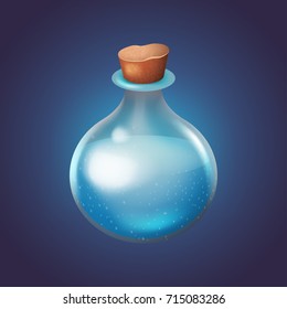 Bottle with potion. Game icon of magic elixir. Bright design for app user interface. Part 3: blue. Magic, mana, intellect, breathing, clarity, flight, sleeping. Vector illustration. Icons Collection.