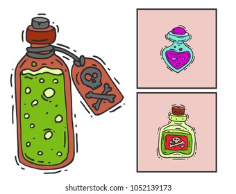 Bottle with potion game magic glass cards elixir poisoning toxic substance dangerous toxin drug container vector illustration