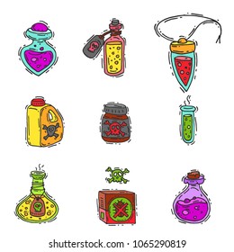 Bottle with potion game magic glass elixir poisoning toxic substance dangerous toxin drug container vector illustration