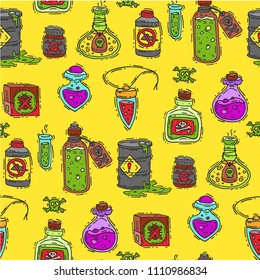 Bottle with potion game magic glass elixir poisoning toxic substance dangerous toxin drug container seamless pattern background vector illustration