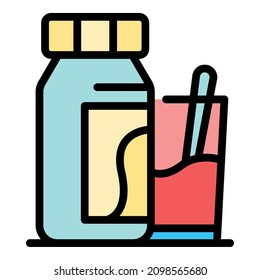 Bottle with potion and glass icon. Outline bottle with potion and glass vector icon color flat isolated