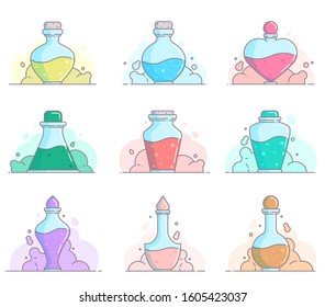 Bottle with potion. Icon magic elixir. Vector illustration.