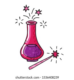 Bottle with potion isolated on white background. Halloween vector illustration. Hand drawn style. Design elements for poster, greeting card, banner, leaflet.