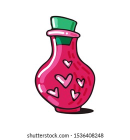 Bottle with potion isolated on white background. Halloween vector illustration. Hand drawn style. Design elements for poster, greeting card, banner, leaflet.