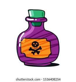 Bottle with potion isolated on white background. Halloween vector illustration. Hand drawn style. Design elements for poster, greeting card, banner, leaflet.