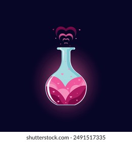 Bottle with potion of love. Cartoon vector glass flask with pink glow magic elixir. Love power wizard spell in crystal jar with hearts. Vector illustration