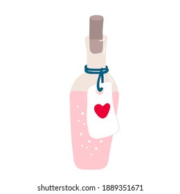 Bottle of potion or love drink decorated with heart label. Valentine's day decoration. Vector illustration for posters and greeting cards design isolated on white. Hand drawn flat style.