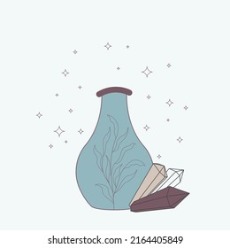 bottle with potion and magic plant within, crystals and stars. witchcraft vector illustration