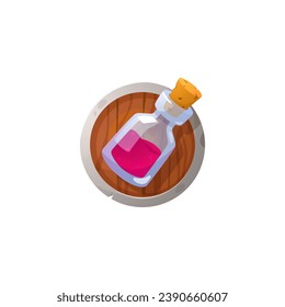 Botella con poción en placa de madera, icono de juego, ilustración vectorial sobre fondo blanco. Elemento ui simple de dibujos animados, pequeño matraz o contenedor de vidrio transparente para líquido. Objeto de juego para la interfaz web