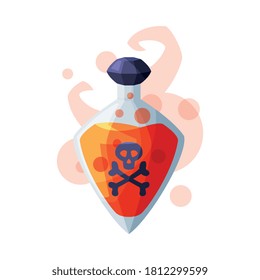 Bottle of Potion with Skull and Bones, Occult Magic Object for Mystic Ritual Cartoon Style Vector Illustration