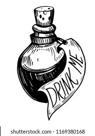 Bottle with potions. Drink me. Hand drawn illustration converted to vector.