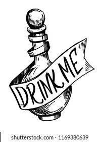 Bottle with potions. Drink me. Hand drawn illustration converted to vector.