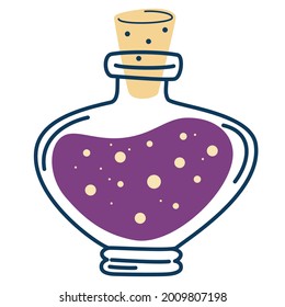 Bottle with potions. Magic elixir. Love potion. Bottle and vial with alchemical beverages. Witch's Potion. Decor for Halloween. Vector illustration in flat cartoon style isolated on white background.