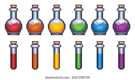 Bottle of potions and poison pixel art. Set of game asset, witchcraft, and antidote