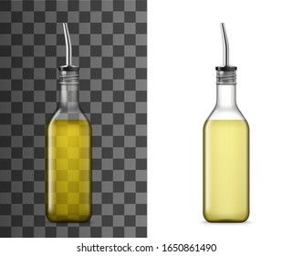 Bottle with pourer 3d vector mockups. Olive and sunflower oil, vinegar, sauce and seasonings glass container templates with drizzle spout, dispenser lid or plug, cooking ingredients glassware design