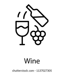 Bottle pouring drink into  glass with the grapes graphic in icon representing wine 