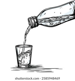Bottle pouring liquid into a glass, detailed illustration.