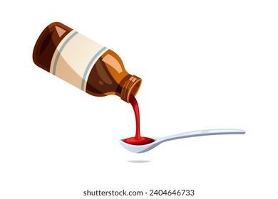 Bottle pouring medicine syrup in spoon vector isolated on white background.