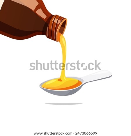 Bottle pouring medicine syrup in spoon vector isolated on white background.