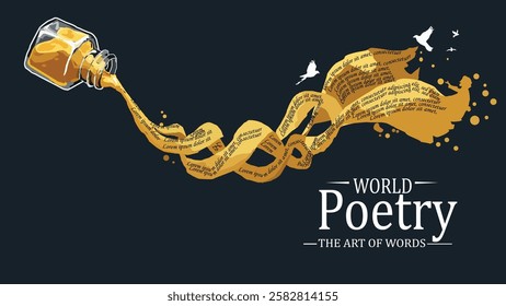 A bottle pouring a ribbon of flowing words, symbolizing poetry as the art of words, with the text "World Poetry The Art of Words." Celebrating the creative expression of poetry.