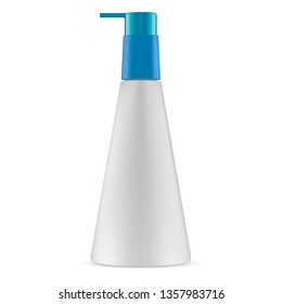 Bottle Pump Dispenser. Plastic Cosmetic Vector Mockup. Cream, Soap or Shampoo Package. Liquid Lotion with Batcher Valve for Medicine Treatment. Liquid Care Gel Realistic Cone Container.