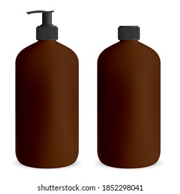 Bottle pump for gel or soap. Cosmetic package blank mockup. Brown plastic container with dispenser for liquid shampoo or sanitizer. Medical packaging for skin care product. Amber can for shower cream