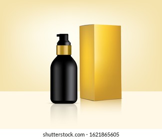 Bottle Pump Mock up Realistic Gold Cosmetic and Box for Skincare Product Background Illustration. Health Care and Medical Concept Design.
