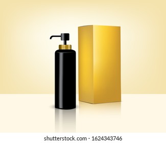 Bottle Pump Mock up Realistic Gold Cosmetic and Box for Skincare Product Background Illustration. Health Care and Medical Concept Design.