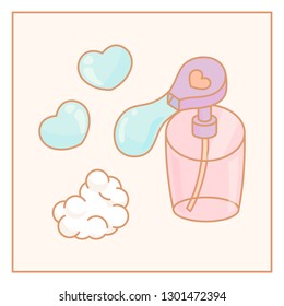 Bottle pumping liquid soap into a heart shaped bubble
