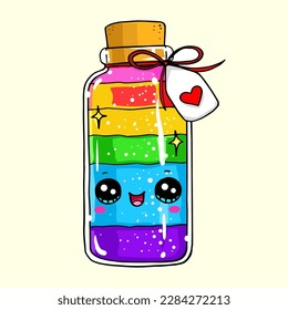 Bottle of rainbow colored liquid with a tag with heart icon.