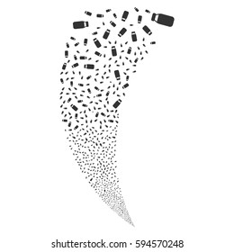 Bottle random fireworks stream. Vector illustration style is flat gray iconic symbols on a white background. Object fountain combined from scattered pictograms.