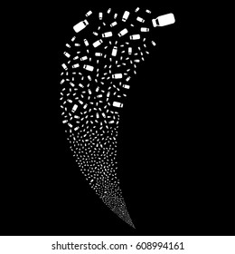 Bottle random fireworks stream. Vector illustration style is flat white iconic symbols on a black background. Object fountain created from scattered icons.