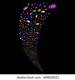 Bottle random fireworks stream. Vector illustration style is flat bright multicolored iconic symbols on a black background. Object fountain organized from scattered icons.