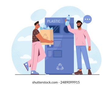 Máquina de reciclaje de botellas. Activistas y voluntarios ecológicos. Reciclaje y reutilización de plástico. Estilo de vida sostenible sin desperdicios. Reducción de la Autorización de residuos a la atmósfera. Ilustración vectorial plana