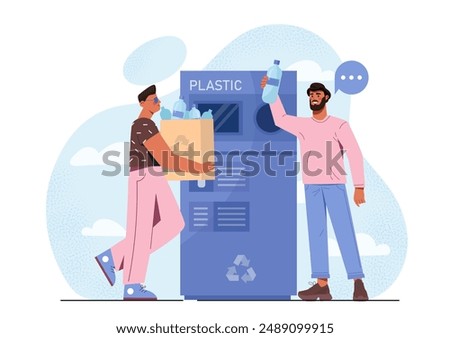 Bottle recycling machine. Eco friendly activists and volunteers. Plastic recycling and reuse. Sustainable zero waste lifestyle. Reducing release of waste into atmosphere. Flat vector illustration