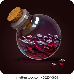 bottle with red crystals. Game icon of magic elixir. Vector design for app user interface. gem, jewelry, manganese