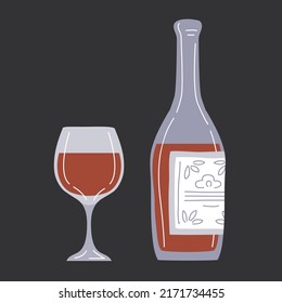 Eine Flasche Rotwein mit Glas. Ein angenehmes alkoholisches Getränk. Wein-Getränk-Label, Emblem für Bar, Restaurant. Flache Vektorgrafik einzeln auf schwarzem Hintergrund