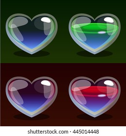 Bottle with red and green hearts. Game icon of magic elixir. EPS10