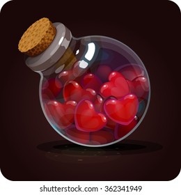 Bottle with red hearts.  Game icon of magic elixir. Vector design for app user interface. heal, love potion, elixir of life, additional life increasing life