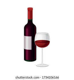 Bottle of Red Italian Wine with Full Glass Standing Nearby Vector Illustration