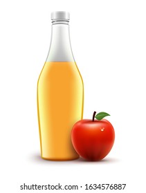 Bottle of red juice apple isolated. Vector healthy liquid food. Apple red juice beverage in glass.