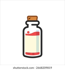 Eine Flasche roter Flüssigkeit mit einem Korkstopfen. Die Flasche ist weiß und hat ein rotes Etikett