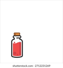 Una botella de líquido rojo con un tapón de corcho. La botella está sobre un fondo blanco