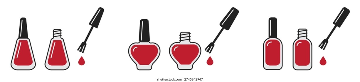 Bottle of red nail polish with brush icon set in flat style. Beauty cosmetic symbol isolated on transparent background, editable stroke vector for manicure, spa and salon design.