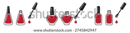Bottle of red nail polish with brush icon set in flat style. Beauty cosmetic symbol isolated on transparent background, editable stroke vector for manicure, spa and salon design.
