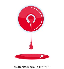 Bottle red nail polish. Nail polish spill. Flat vector cartoon illustration. Objects isolated on a white background.