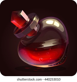 Bottle with red potion.Love potion.Game icon of magic elixir. Vector design for app user interface