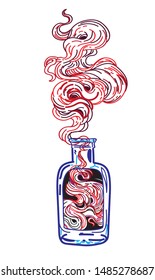 Bottle with red smoke. Stylish pattern. Magic